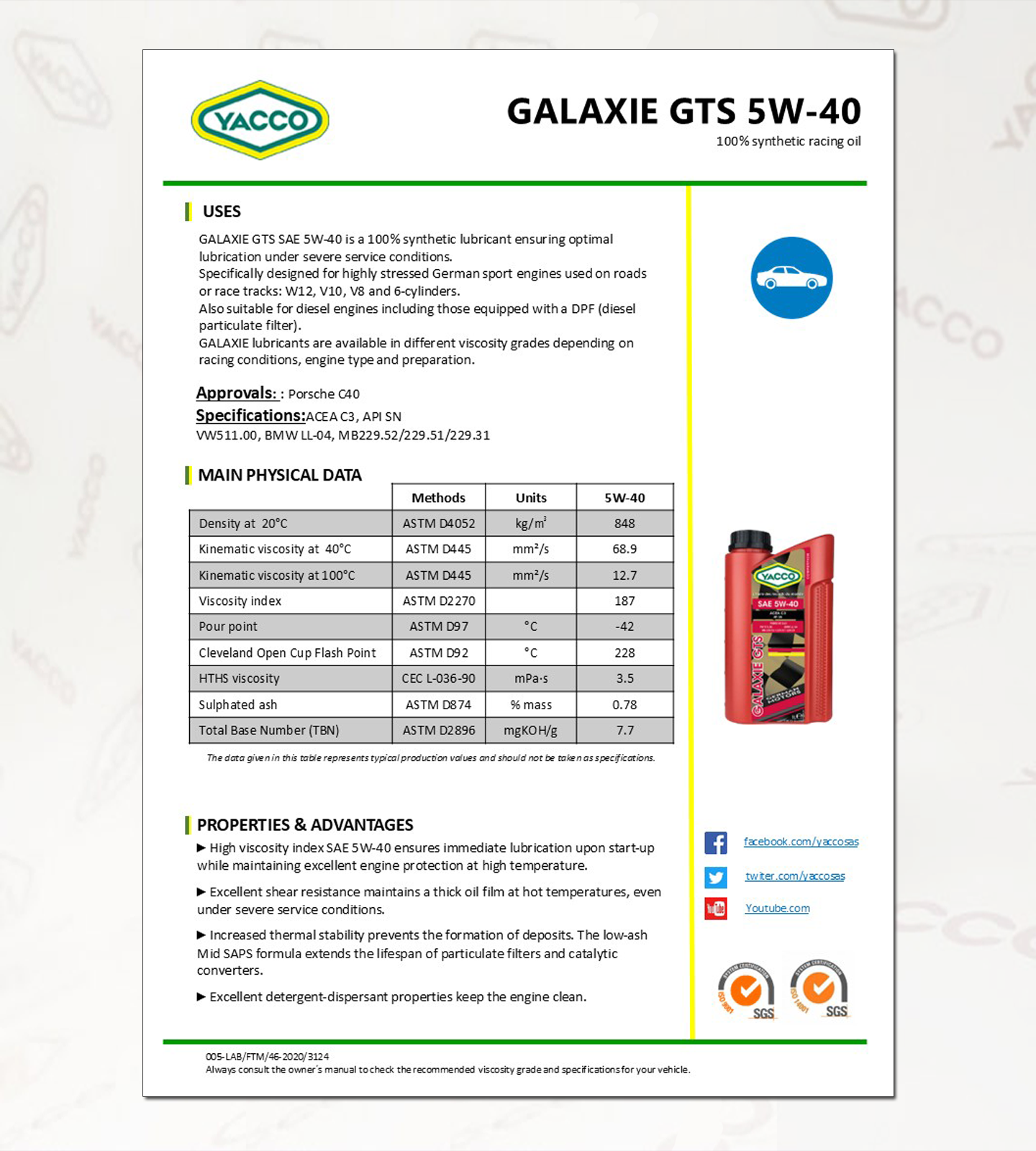 레이싱오일,100% 합성유 ,갤럭시 GTS 5W40, 포르쉐 GTS 오일,YACCO-DATA.png