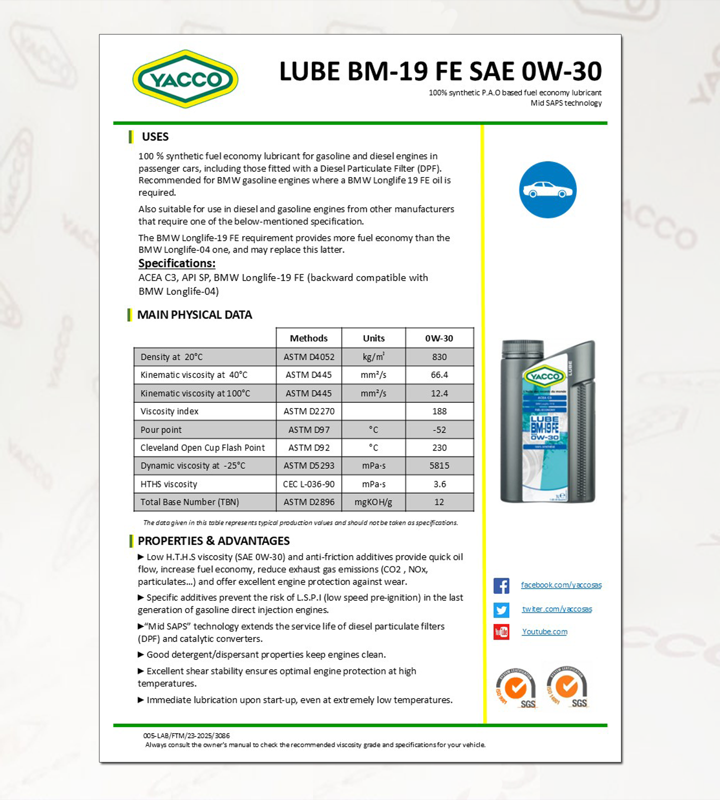 가솔린 GDI, 디젤 겸용 엔진오일,C3,API SP ,LUBE BM19 FE 0W30-DATA.png