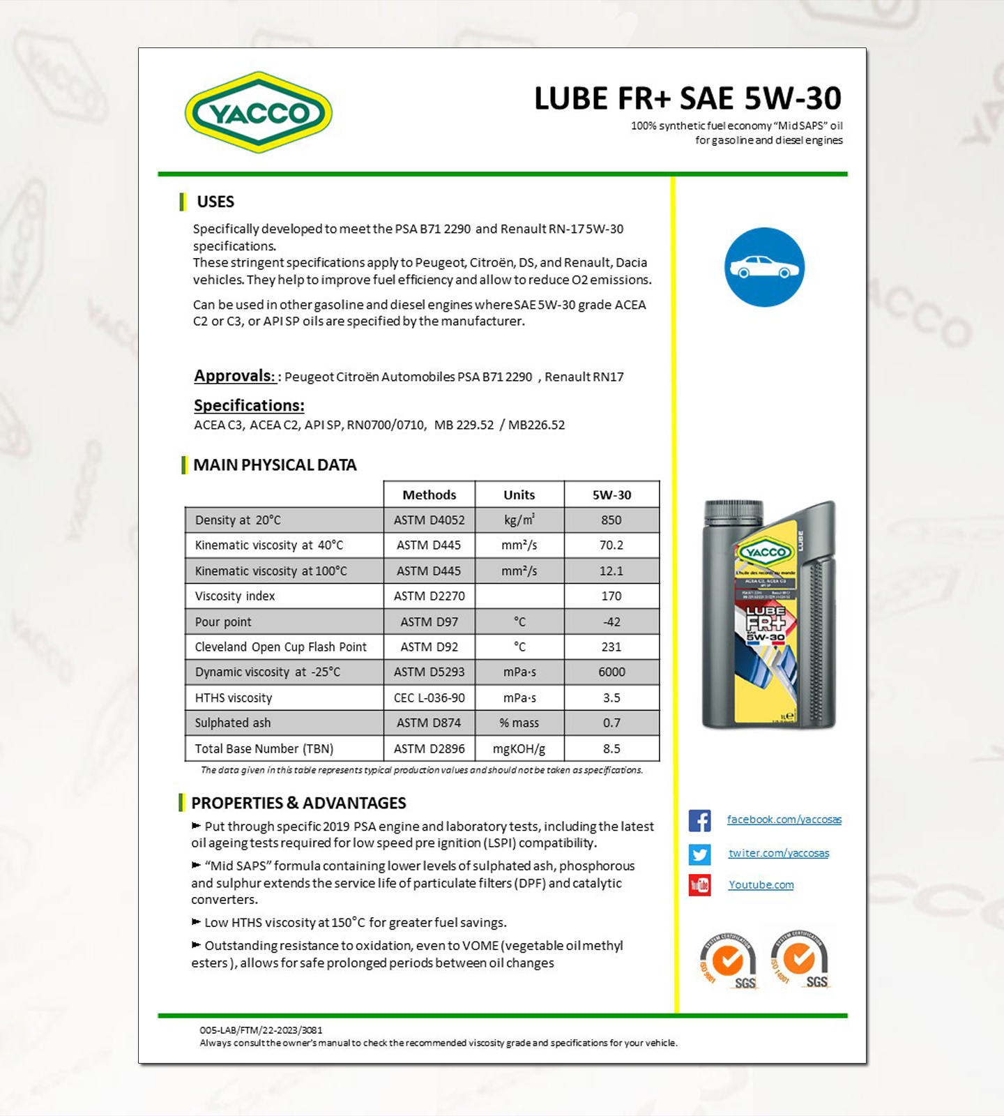 GDI 가솔린, 디젤차 겸용 엔진오일, ACEA C3, API SP, LUBE FR+ 5W30-DATA.png