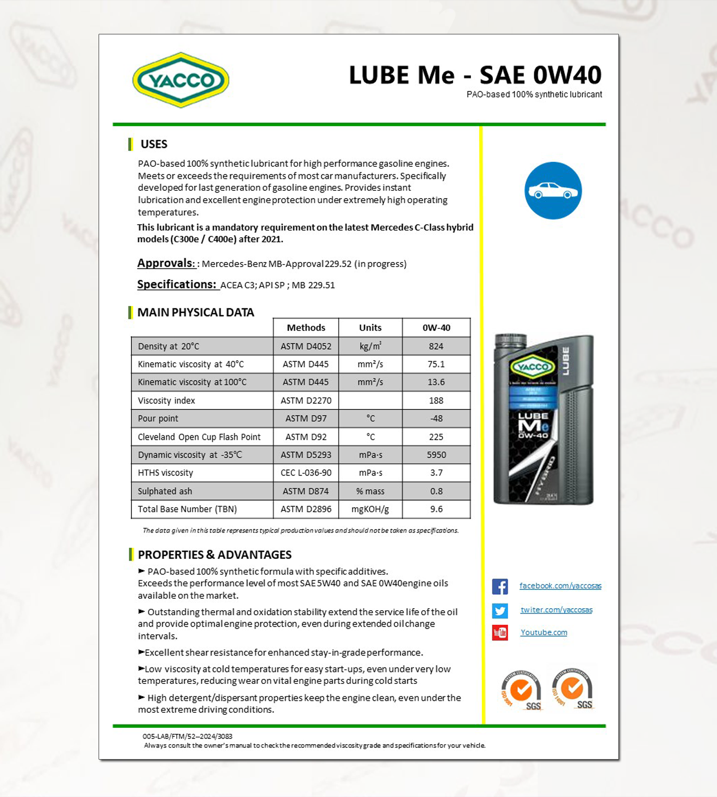 벤츠 공식 인증, 벤츠 플러그 인 하이브리드오일, PHEV용 엔진오일,LUBE ME 0w40-DATA.png