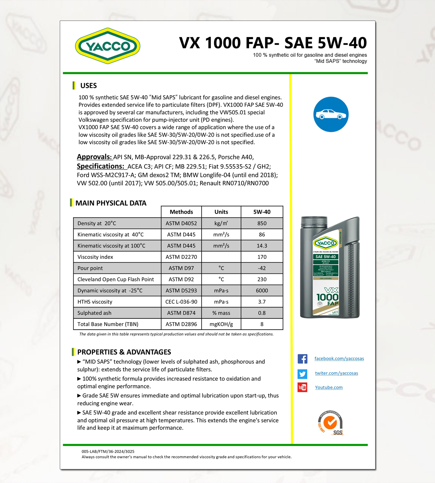 VX 1000 FAP 5W40 C3, 100%합성유 ,디젤 SUV,1톤 화물차용 합성유-2.png